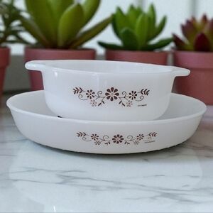 Vintage Termocrisa Dish Set 2 Pcs Dynaware Brown Floral Accent